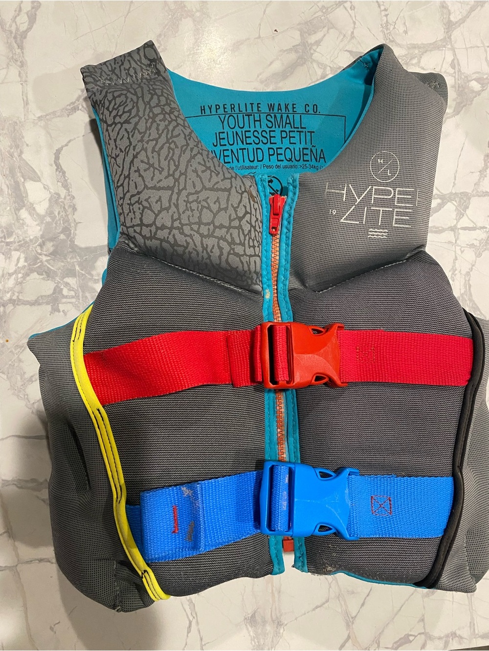 Youth Small Kids Life Vest - Gray with Red & Blue Straps
